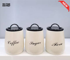 3-PIECE METAL CANISTER SET – COFFEE SUGAR TEA WITH AIRTIGHT LIDS - BLACK
