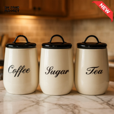 3-PIECE METAL CANISTER SET – COFFEE SUGAR TEA WITH AIRTIGHT LIDS - BLACK