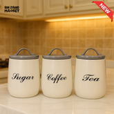 3-PIECE METAL CANISTER SET – COFFEE SUGAR TEA WITH AIRTIGHT LIDS - GREY