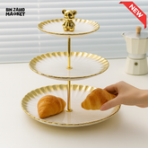 3-TIER CAKE STAND – GOLD RIM SERVING PLATTER FOR SNACKS & PASTRIES