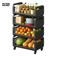 4 TIER BLACK METAL STORAGE RACK WITH WHEELS | KITCHEN & PANTRY ORGANIZER FOR FRUITS, VEGETABLES & BOTTLES - LU-2