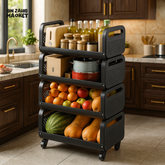 4 TIER BLACK METAL STORAGE RACK WITH WHEELS | KITCHEN & PANTRY ORGANIZER FOR FRUITS, VEGETABLES & BOTTLES - LU-2