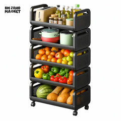 5 TIER BLACK METAL STORAGE RACK WITH WHEELS | KITCHEN & PANTRY ORGANIZER FOR FRUITS, VEGETABLES & BOTTLES - LU-3