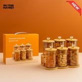 6-PIECE GLASS STORAGE JAR SET – BAMBOO LIDS & CRYSTAL KNOBS WITH STAND