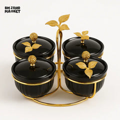 BLACK AND GOLD 4 PIECE CONDIMENT JAR SET WITH TRAY AND CRYSTAL KNOB LIDS -  ZQ-110-4