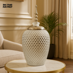CERAMIC JAR WITH SILVER LID & TEXTURED DESIGN – LUXURY DECORATIVE VASE - YC-055