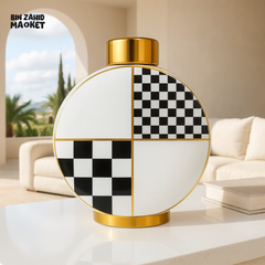CHECKERED CERAMIC VASE CANDY JAR WITH GOLD ACCENTS | MODERN ROUND DECOR PIECE YC-098