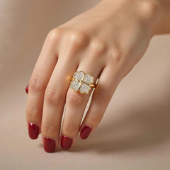 Clover Zircon Rotating Ring – Silver & Golden, Adjustable Spinner Ring for Women (PWJ-111)  - Golden