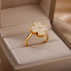 Clover Zircon Rotating Ring – Silver & Golden, Adjustable Spinner Ring for Women (PWJ-111)  - Golden