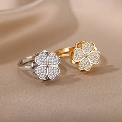 Clover Zircon Rotating Ring – Silver & Golden, Adjustable Spinner Ring for Women (PWJ-111)  - Golden