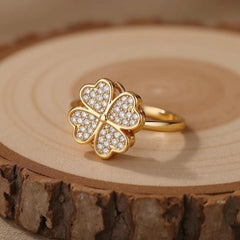 Clover Zircon Rotating Ring – Silver & Golden, Adjustable Spinner Ring for Women (PWJ-111)  - Golden