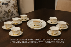 12-PIECE LUXURY BONE CHINA TEA CUP & SAUCER SET – PREMIUM FLORAL DESIGN WITH GOLDEN ACCENTS