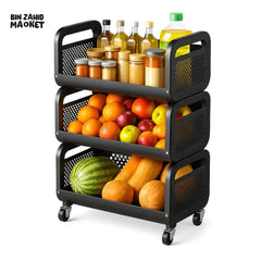3 TIER BLACK METAL STORAGE RACK WITH WHEELS | KITCHEN & PANTRY ORGANIZER FOR FRUITS, VEGETABLES & BOTTLES -  LU-1