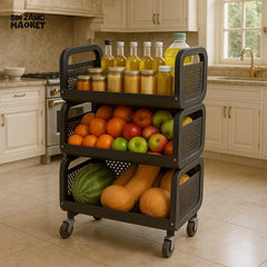 3 TIER BLACK METAL STORAGE RACK WITH WHEELS | KITCHEN & PANTRY ORGANIZER FOR FRUITS, VEGETABLES & BOTTLES -  LU-1