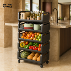 5 TIER BLACK METAL STORAGE RACK WITH WHEELS | KITCHEN & PANTRY ORGANIZER FOR FRUITS, VEGETABLES & BOTTLES - LU-3