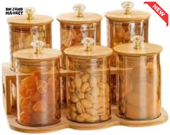 6-PIECE GLASS STORAGE JAR SET – BAMBOO LIDS & CRYSTAL KNOBS WITH STAND
