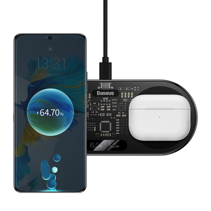Baseus Digital LED Display 2 in 1 Wireless Charger 20W With Adaptor Black