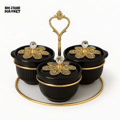 BLACK AND GOLD 3 PIECE CONDIMENT JAR SET WITH TRAY AND CRYSTAL KNOB LIDS - ZQ-115-3