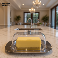BUTTER DISH WITH LID – LUXURY VILLA KITCHEN STYLE | STAINLESS STEEL & CLEAR COVER | PREMIUM TABLE ACCESSORY B1472(B6571)