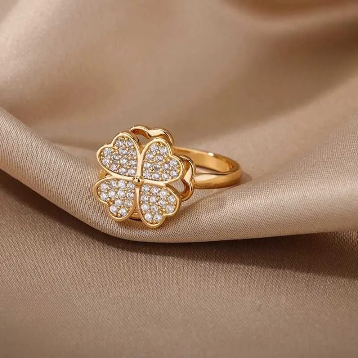 Clover Zircon Rotating Ring – Silver & Golden, Adjustable Spinner Ring for Women (PWJ-111)  - Golden