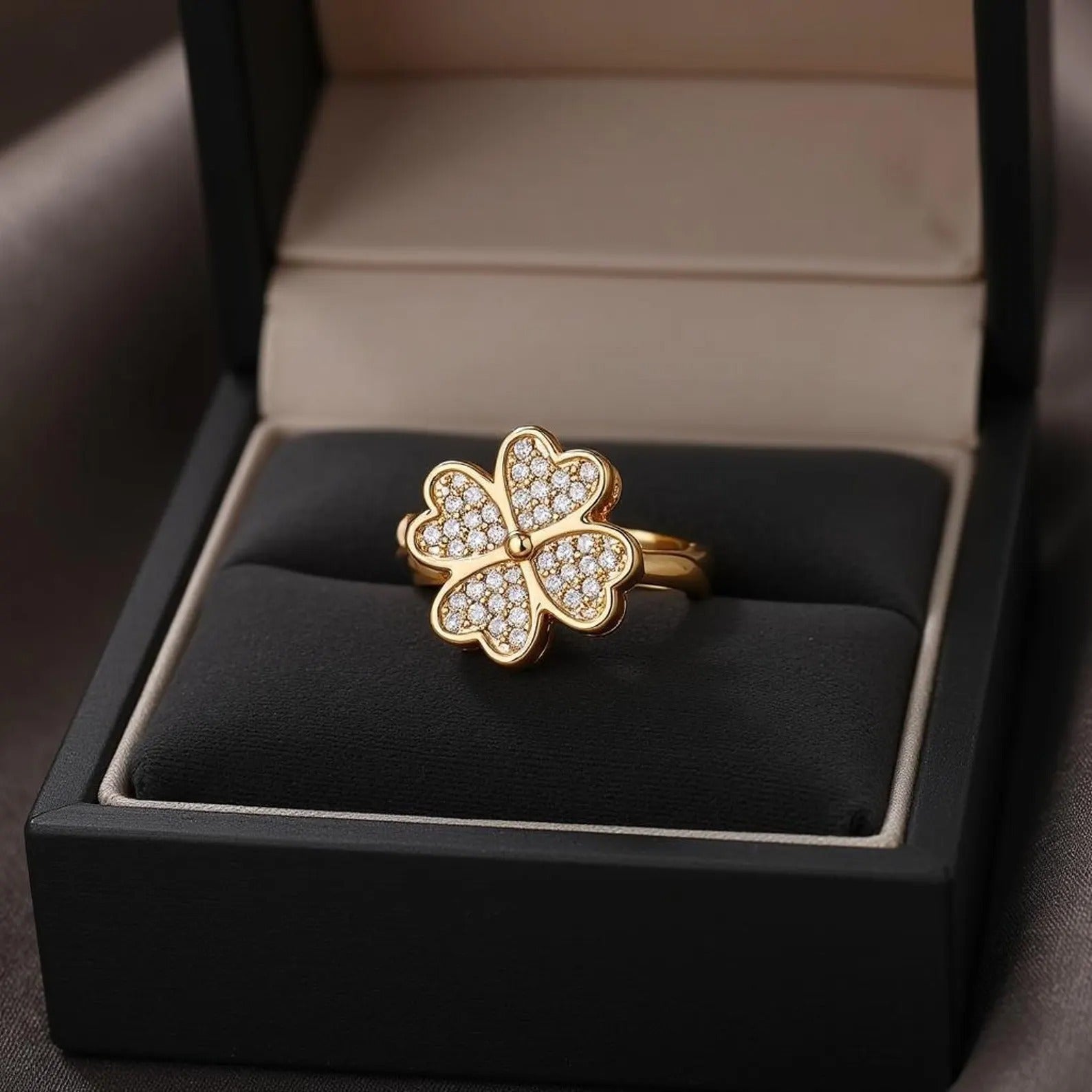 Clover Zircon Rotating Ring – Silver & Golden, Adjustable Spinner Ring for Women (PWJ-111)  - Golden